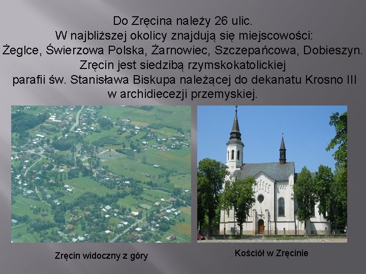 Do Zręcina należy 26 ulic. W najbliższej okolicy znajdują się miejscowości: Żeglce, Świerzowa Polska,