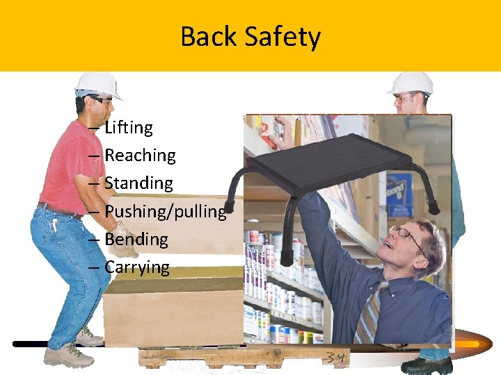 Back Safety – Lifting – Reaching – Standing – Pushing/pulling – Bending – Carrying