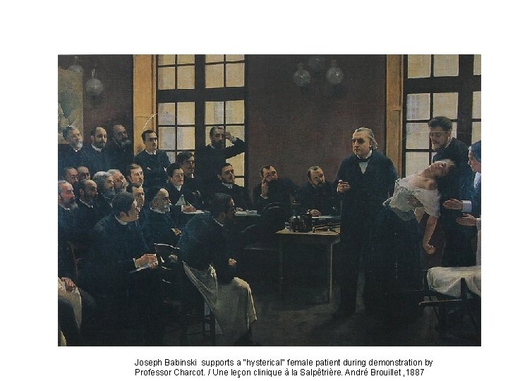 Joseph Babinski supports a "hysterical" female patient during demonstration by Professor Charcot. / Une