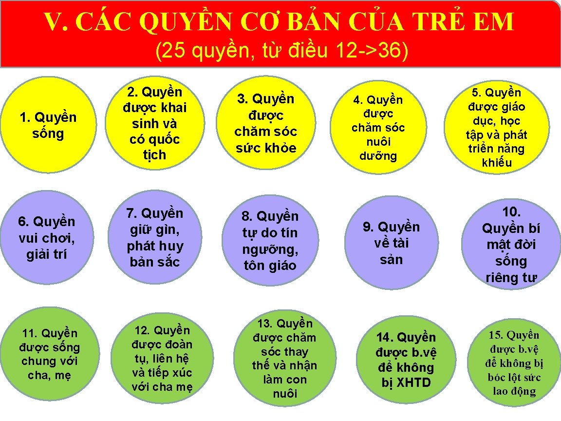 V. CÁC QUYỀN CƠ BẢN CỦA TRẺ EM (25 quyền, từ điều 12 ->36)