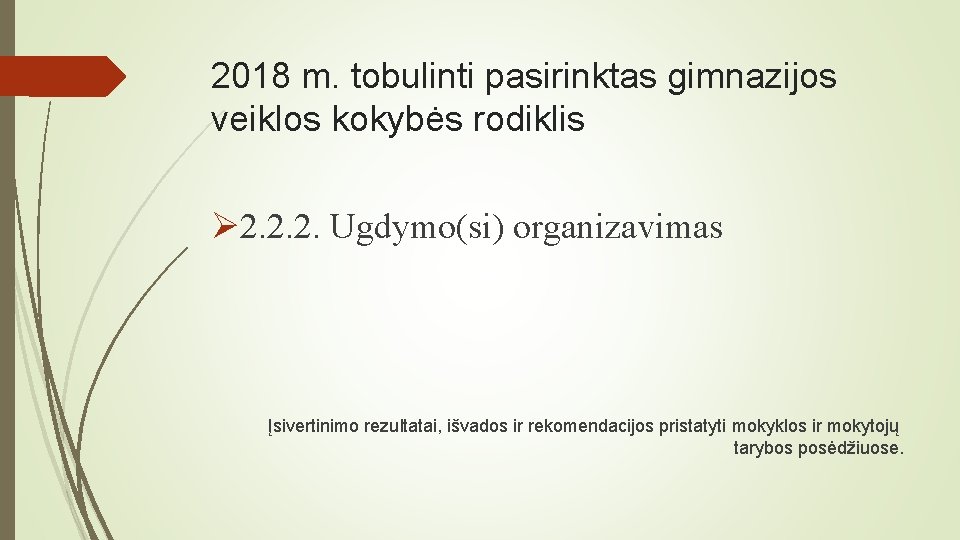 2018 m. tobulinti pasirinktas gimnazijos veiklos kokybės rodiklis Ø 2. 2. 2. Ugdymo(si) organizavimas