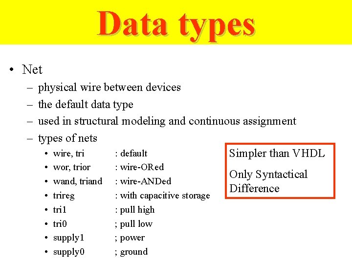 Data types • Net – – physical wire between devices the default data type