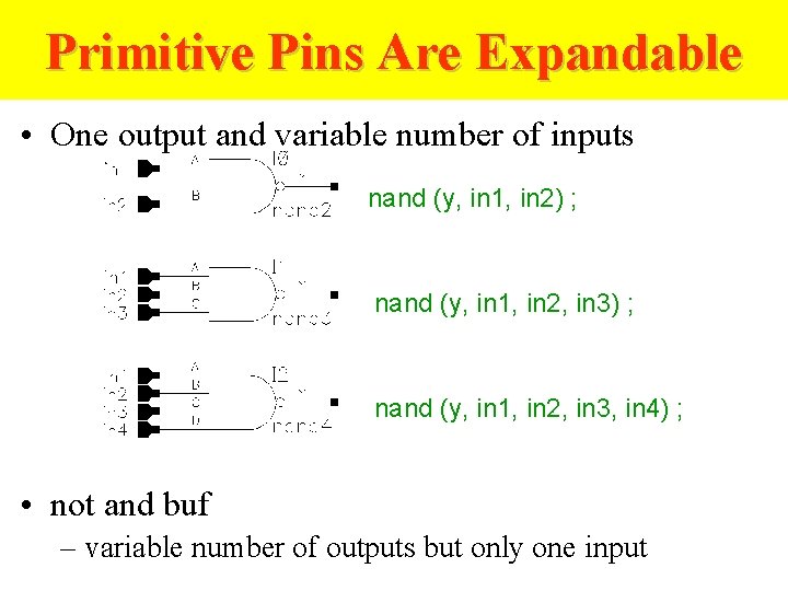 Primitive Pins Are Expandable • One output and variable number of inputs nand (y,