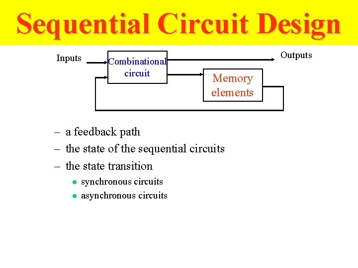 Sequential Circuit Design Inputs Combinational circuit Outputs Memory elements – a feedback path –