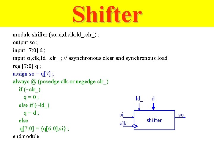 Shifter module shifter (so, si, d, clk, ld_, clr_) ; output so ; input