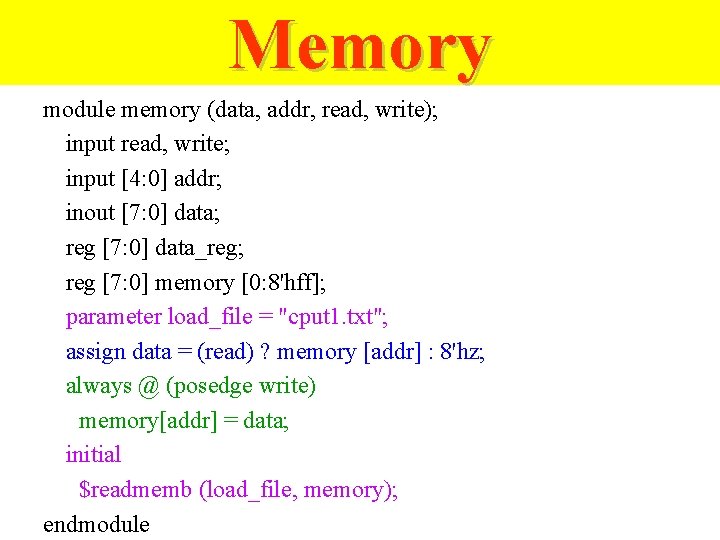 Memory module memory (data, addr, read, write); input read, write; input [4: 0] addr;