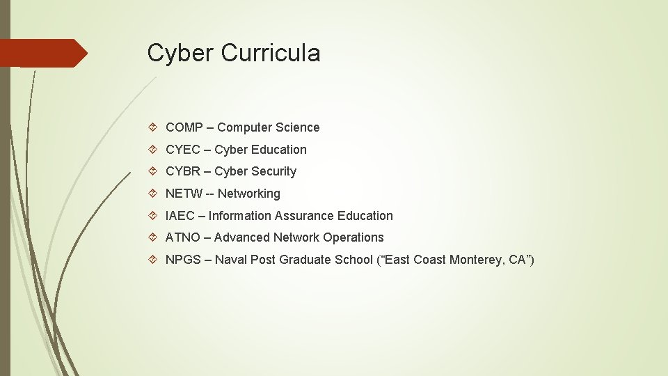 Cyber Curricula COMP – Computer Science CYEC – Cyber Education CYBR – Cyber Security