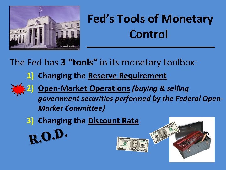 Fed’s Tools of Monetary Control The Fed has 3 “tools” in its monetary toolbox: