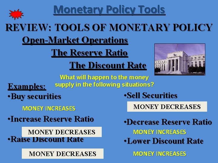 Monetary Policy Tools REVIEW: TOOLS OF MONETARY POLICY Open-Market Operations The Reserve Ratio The