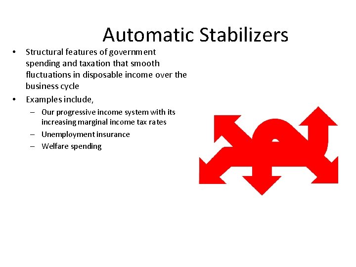  • • Automatic Stabilizers Structural features of government spending and taxation that smooth