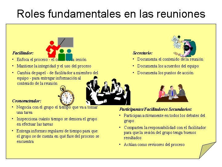 Roles fundamentales en las reuniones Facilitador: • Enfoca el proceso - el cómo de