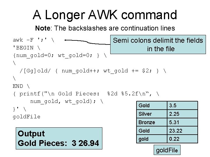 A Longer AWK command Note: The backslashes are continuation lines awk –F '; '