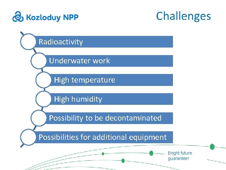 Challenges Radioactivity Underwater work High temperature High humidity Possibility to be decontaminated Possibilities for
