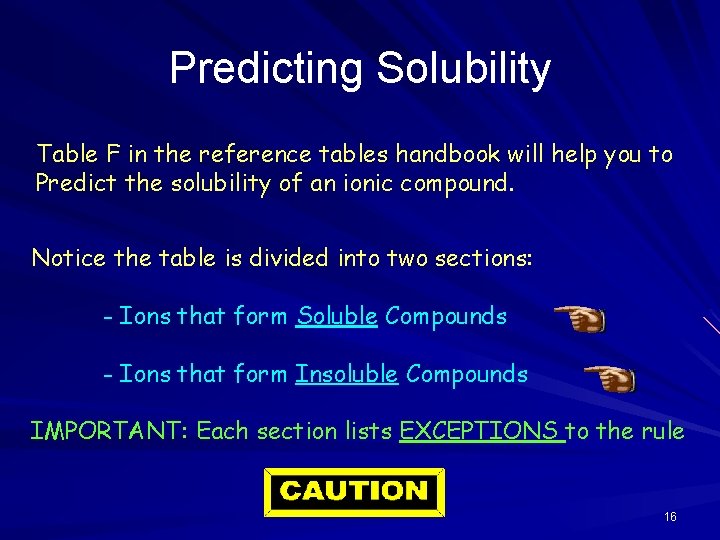Predicting Solubility Table F in the reference tables handbook will help you to Predict