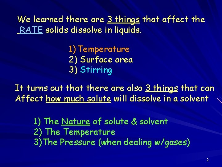 We learned there are 3 things that affect the RATE solids dissolve in liquids.