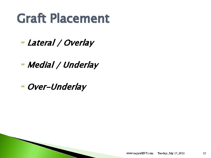 Graft Placement Lateral / Overlay Medial / Underlay Over-Underlay www. nayyar. ENT. com Tuesday,