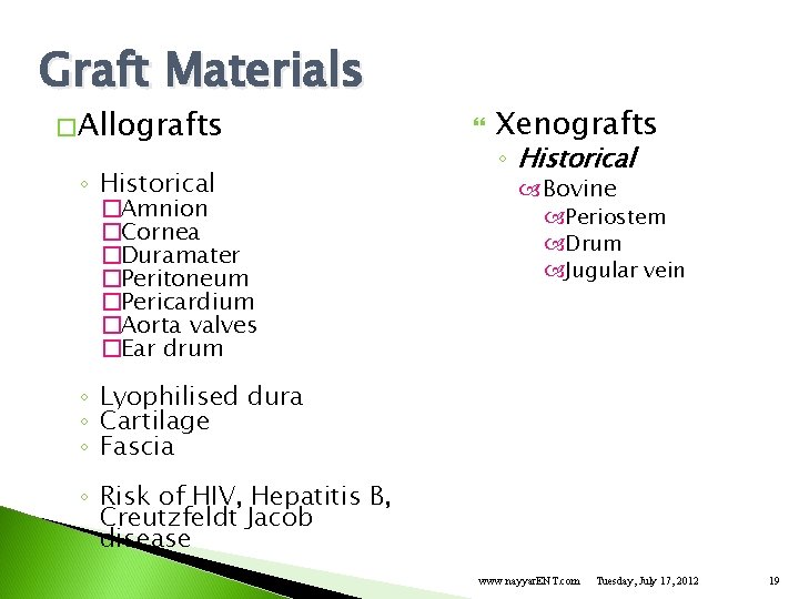 Graft Materials � Allografts ◦ Historical �Amnion �Cornea �Duramater �Peritoneum �Pericardium �Aorta valves �Ear