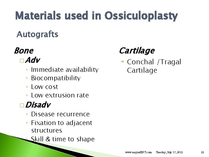 Materials used in Ossiculoplasty Autografts Bone � Adv ◦ ◦ Immediate availability Biocompatibility Low