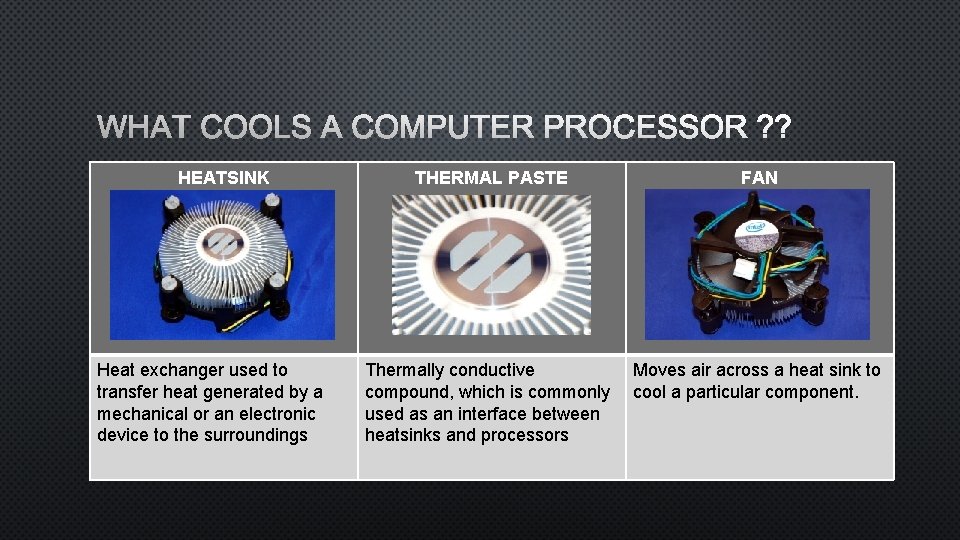 WHAT COOLS A COMPUTER PROCESSOR ? ? HEATSINK Heat exchanger used to transfer heat