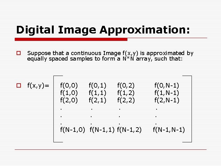 Digital Image Approximation: o Suppose that a continuous Image f(x, y) is approximated by