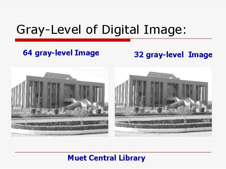 Gray-Level of Digital Image: 64 gray-level Image 32 gray-level Image Muet Central Library 