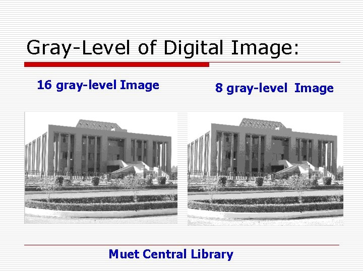 Gray-Level of Digital Image: 16 gray-level Image 8 gray-level Image Muet Central Library 