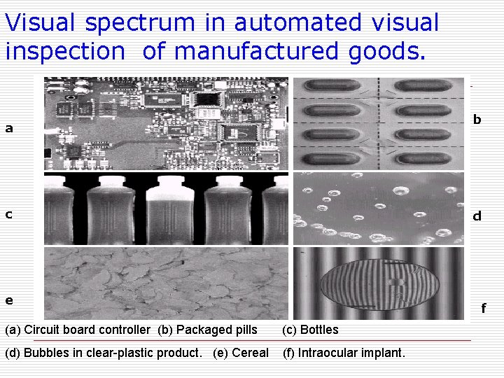 Visual spectrum in automated visual inspection of manufactured goods. b a c d e
