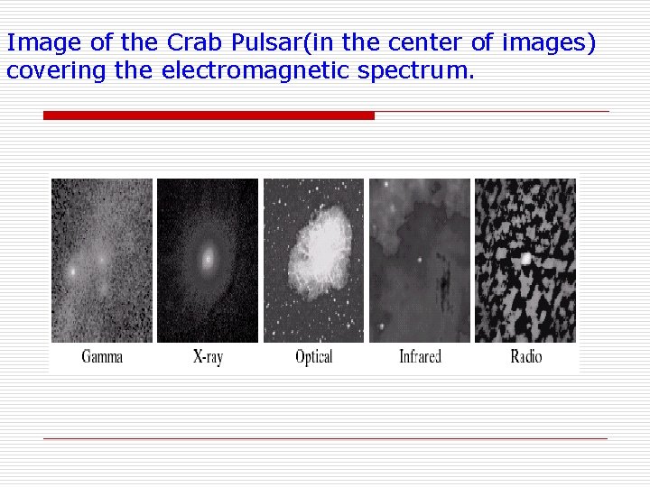Image of the Crab Pulsar(in the center of images) covering the electromagnetic spectrum. 