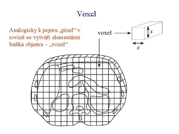 Voxel Analogicky k pojmu „pixel“ v rovině se vytváří elementární buňka objemu – „voxel“.