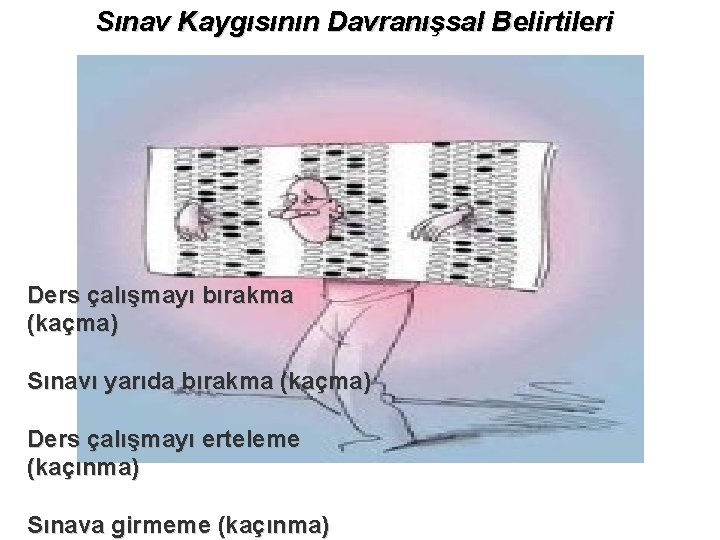 Sınav Kaygısının Davranışsal Belirtileri Ders çalışmayı bırakma (kaçma) Sınavı yarıda bırakma (kaçma) Ders çalışmayı