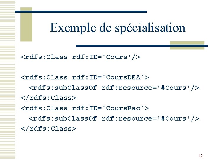 Exemple de spécialisation <rdfs: Class rdf: ID='Cours'/> <rdfs: Class rdf: ID='Cours. DEA'> <rdfs: sub.