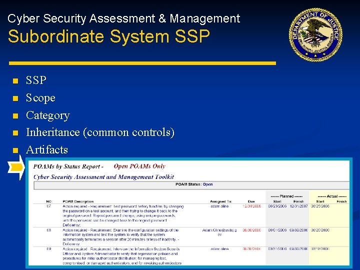 Cyber Security Assessment & Management Subordinate System SSP n n n SSP Scope Category