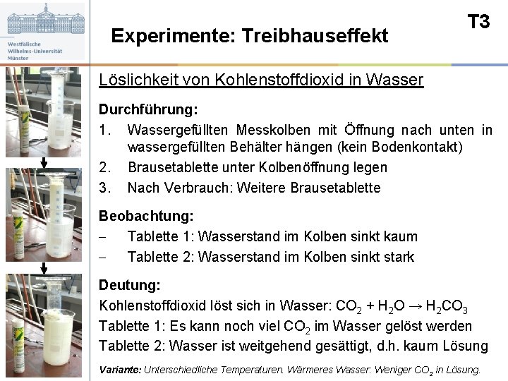 Experimente: Treibhauseffekt T 3 Löslichkeit von Kohlenstoffdioxid in Wasser Durchführung: 1. Wassergefüllten Messkolben mit