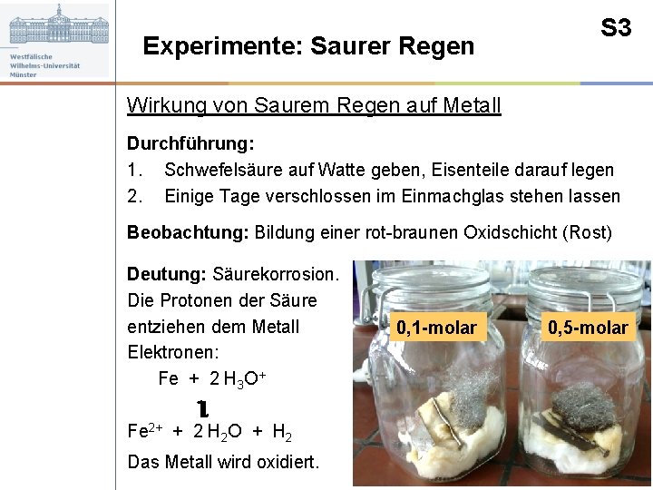 Experimente: Saurer Regen S 3 Wirkung von Saurem Regen auf Metall Durchführung: 1. Schwefelsäure