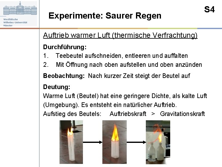 Experimente: Saurer Regen S 4 Auftrieb warmer Luft (thermische Verfrachtung) Durchführung: 1. Teebeutel aufschneiden,