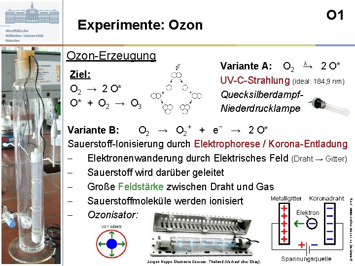 O 1 Experimente: Ozon-Erzeugung Ziel: O 2 → 2 O* O* + O 2