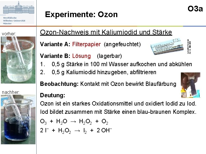 Experimente: Ozon-Nachweis mit Kaliumiodid und Stärke Variante A: Filterpapier (angefeuchtet) Lehrmittel Reinhold, Art. Nr.