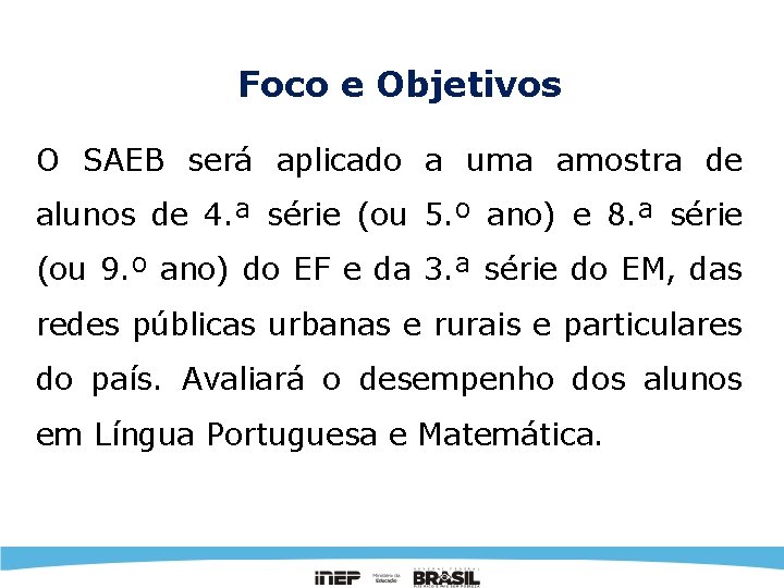 Foco e Objetivos O SAEB será aplicado a uma amostra de alunos de 4.