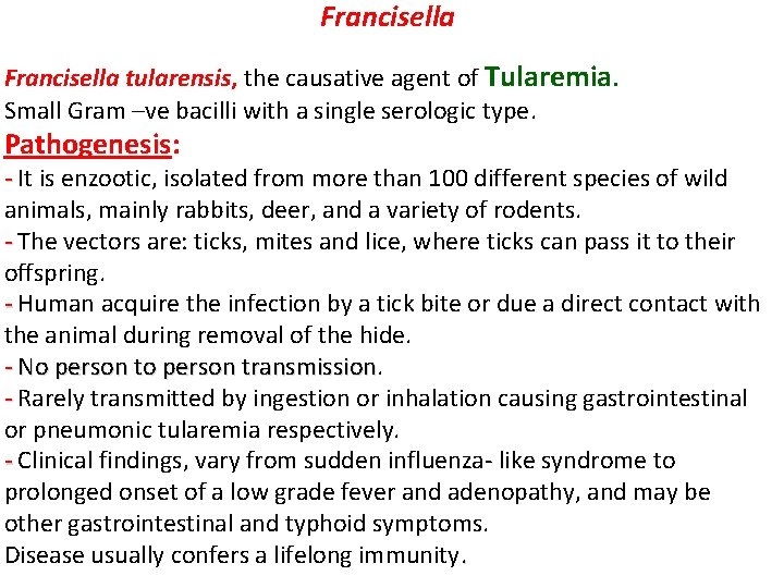  Francisella tularensis, the causative agent of Tularemia. Small Gram –ve bacilli with a