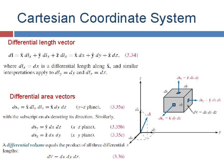 Cartesian Coordinate System Differential length vector Differential area vectors 