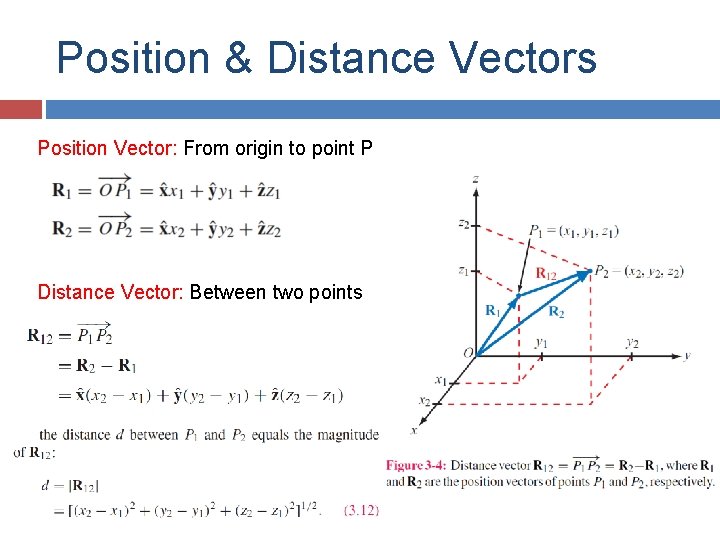 Position & Distance Vectors Position Vector: From origin to point P Distance Vector: Between