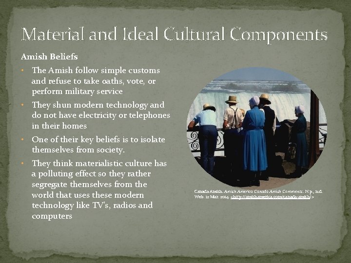 Material and Ideal Cultural Components Amish Beliefs • The Amish follow simple customs and