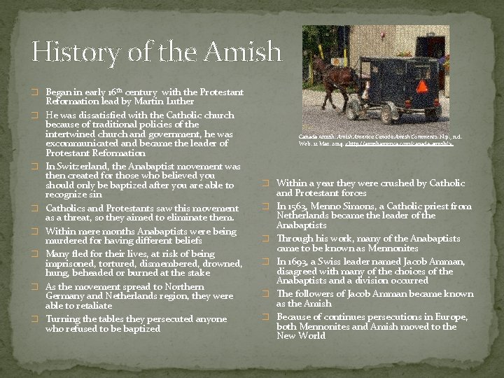 History of the Amish � Began in early 16 th century with the Protestant