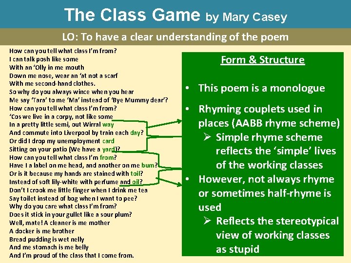 The Class Game by Mary Casey LO: To have a clear understanding of the