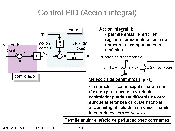 Control PID (Acción integral) motor TL referencia (wref) + error D acción control (V