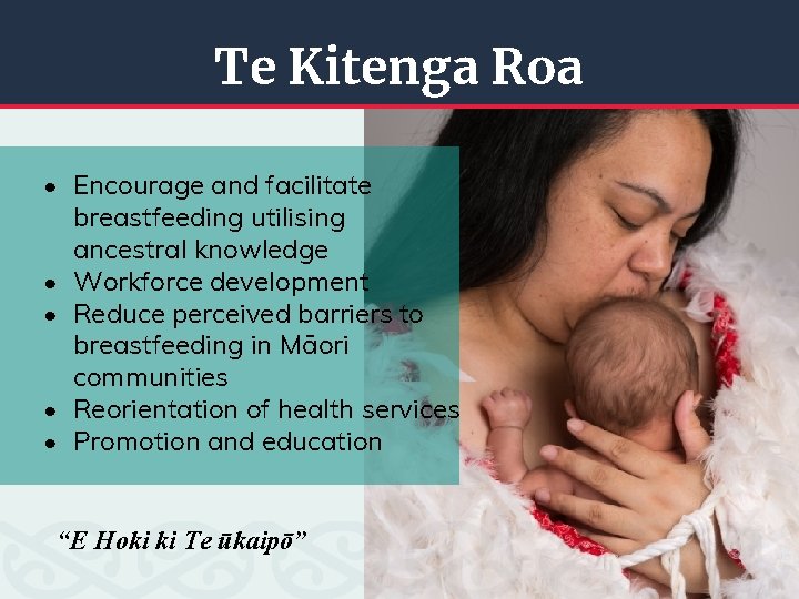 Te Kitenga Roa • Encourage and facilitate breastfeeding utilising ancestral knowledge • Workforce development