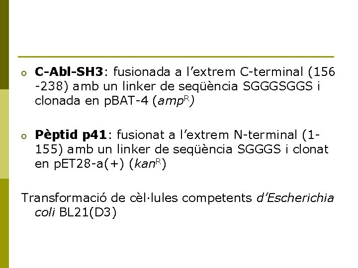 o C-Abl-SH 3: fusionada a l’extrem C-terminal (156 -238) amb un linker de seqüència