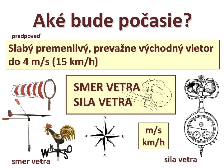 Aké bude počasie? predpoveď Slabý premenlivý, prevažne východný vietor do 4 m/s (15 km/h)