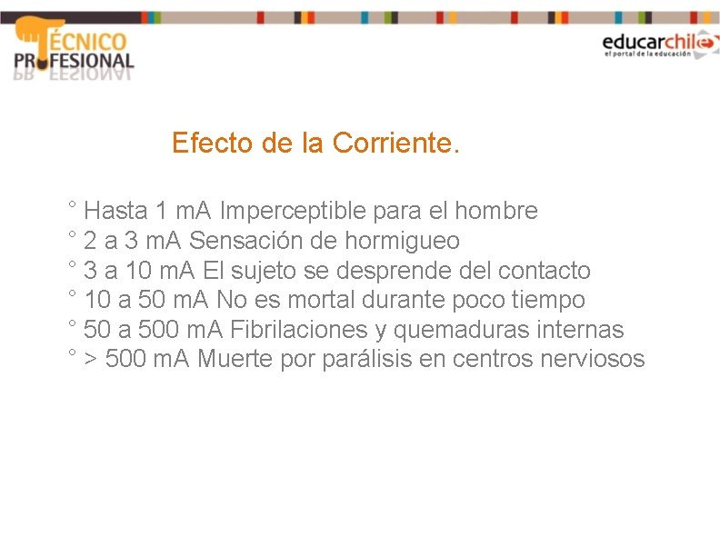 Efecto de la Corriente. ° Hasta 1 m. A Imperceptible para el hombre °