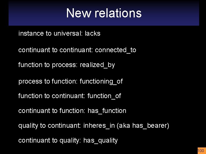 New relations instance to universal: lacks continuant to continuant: connected_to function to process: realized_by
